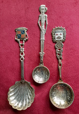 3 Vintage Silverplated Spanish Spoons 2 Coins & 1 Shell Bowl