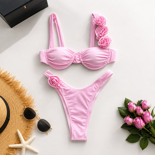Women pink floral bikini - women's, 3d