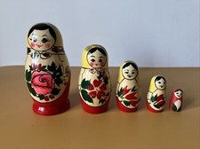 Hohloma 5pc Handmade Russian Nesting Wooden Dolls Yellow Red Matryoshka