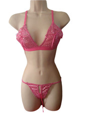 Hot Pink Bra Set Sequin Size 8 10 Peekaboo Bralette Thong Lace Up Sexy Lingerie