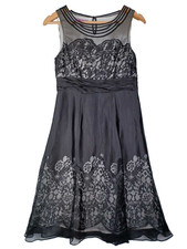 Monsoon Silk Blend Flared Sleeveless Dress Size 10 Petite Black Burnout Back Bow