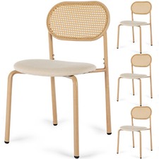 4/6X Boho Dining Chairs Set Rattan Back Padded Seat Metal Leg Upholstered Cane
