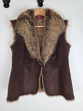 Monsoon Vintage Brown Gilet Womens | Y2K Faux Suede & Fur Jacket | UK 12 | Boho