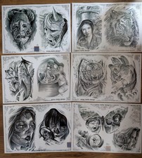 6x Laminated Jenny Clarke Tattoo Flash Designs Black & Grey Tiger Japanese Koi