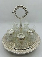 Vintage Silver Plated Rotating Condiment Tray Caddy Set of 5 Glass Cruets Mayell
