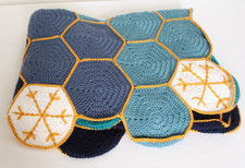 Hand Crochet Throw Blanket Blues Snowflake Winter Cotton Hexagon Christmas