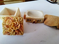 2 Soapstone Vintage Small Trinket Boxes Beautiful 3d Flowers on Lid  one House