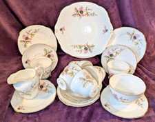 Vintage 21 pc Duchess China Tea Set ~ Pink & Green Leaves, Buds, Gold Trim ~ VGC