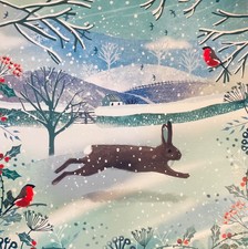 Christmas Card ~ Winter Hare ~ Running Rabbit ~ Snowy countryside scene ~Single