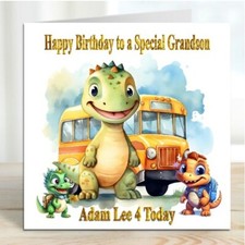 Personalised Birthday Card Dinosaur School Bus any relationship any name and age