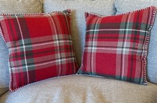 Pair Two Christmas Red Tartan Plaid Check Cushions Filled Cushion 