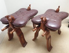 Pair of Vintage Camel Saddle Footstools Rosewood & Leather