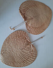 CANE Hand FANS Bamboo Wicker Rattan Pair Oriental VINTAGE 1970s