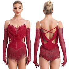 Women's Latin Gymnastic Tassels Leotard Dance Dress Fringed Bodysuit Costume