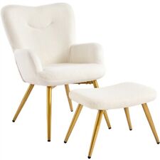 Small Boucle Accent Chair and Ottoman Set Armchair Lounge Chair with Footstool