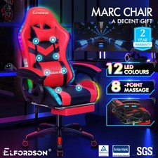 ELFORDSON Gaming Office Chair 8 Massage 12 RGB LED Footrest Padded Arms Computer