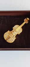 Vintage White Crystal & Gold Tone Violin Brooch With Presentation Box