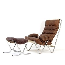 Retro Vintage Danish Leather Chrome Sling Lounge Easy Chair Armchair + Stool 70s