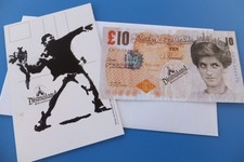 Banksy Stamped tenner + Stencilled crude oil postcard 2015 WSM (Rex 14)