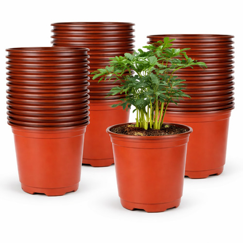 Red plastic plant pots - red,