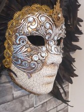 Authentic Venetian Full Face Mask – Black Feathers, Gold Trim, Jewels – Handmade