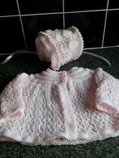Hand Knitted Baby Matinee Coat And Hat/ Bonnet 3/6Months Brand New 