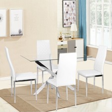 Dining Set Rectangle Glass Table with Chrome Legs and 2 4 PU Leather Chairs Seat