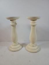 Pair Of Cream Candlesticks Wooden 10.5 Inch Tall