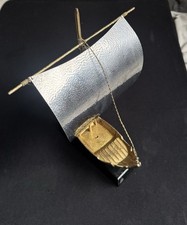 Vintage Brass & Aluminium Model Sail Boat with Wooden Stand Nautical Decor