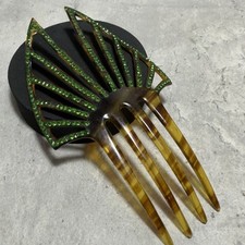 VINTAGE Art Deco Celluloid Hair Comb With Green Rhinestones Large Fan FAULTY