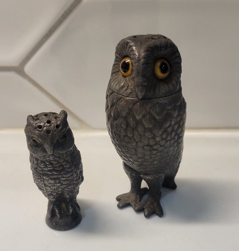 Antique pewter owls - owls, salt