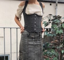 Underboob grey corset, fastening up front, cut out boobs and lace up back, 90s