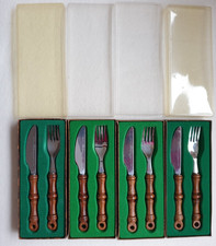 4 VINTAGE BOXED STEAK KNIFE & FORK SETS WITH WOODEN HANDLES, ENGRAVED MEIGENER