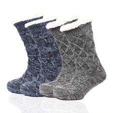 2 Pairs Premium Men Lounge Socks Chunky Cable Knit Slipper Socks for Men UK 6-11