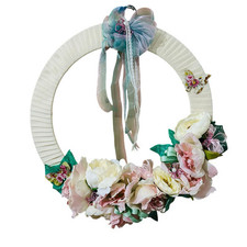 Flower Door Wreath Artificial Pink Green Cream Ribbon Butterflies Flowers Spring