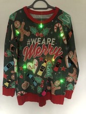 Christmas Flashing Lights Jumper Sze L 12- 14 40” Green Baubles Gingerbread Men