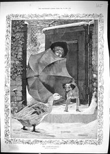 Antique Old Print No Admittance Young Boy Umbrella House Gate Goose Dog 1885