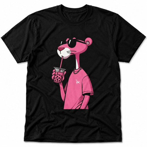 Pink cartoon panther - pink, drinking