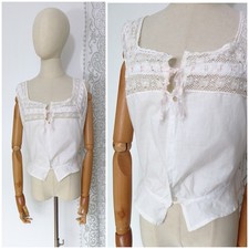 Antique 1900s Victorian White Cotton Corset Cover Camisole Sleeveless Blouse