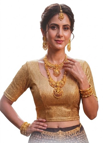 Gold stretchable saree - gold, blouse