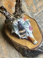 Roe deer skull Hand Decorated With Bee And Wild Flowers On Mounted Wood