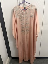 Blush Pink With Silver Print Satin Batwing Kaftan/ Abaya Maxi Dress For Summer