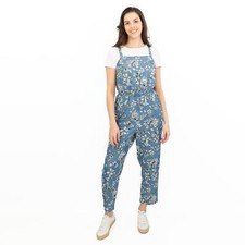 Womens Blue Dungarees Strappy Floral Crop Leg Stretch Waist Overall Cotton Blend
