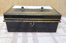 VINTAGE METAL MONEY BOX OLD DEED CASH TIN CASE CHEST Bank Post Office SAFE UK