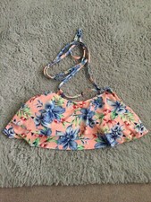 Ladies Size 12 Pink Mix Floral Frilly Non Wired Padded Halter Neck Bikini Top
