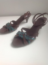 Clarks Brown Kitten Heels Size 5.5 Turquoise Sandal Ankle Strap Shoe