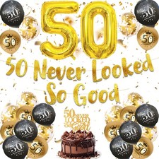 Happy 50th Birthday Decorations Age 50 Black Gold Bunting Balloon Cake Top Party