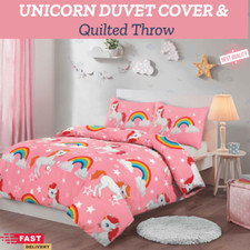 Kids Unicorn Duvet Cover with Pillowcase Luxury Soft Bedding Set & Quilted Throw