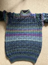 Hand Made Hand Knitted Ladies Jumper In Muted Multi Blues/Greens. Size L/XL