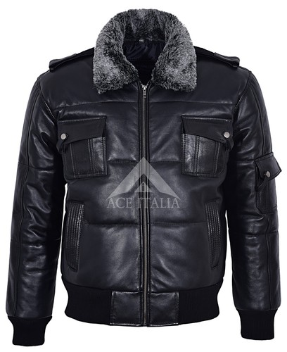 Men leather jacket black - leather, fur